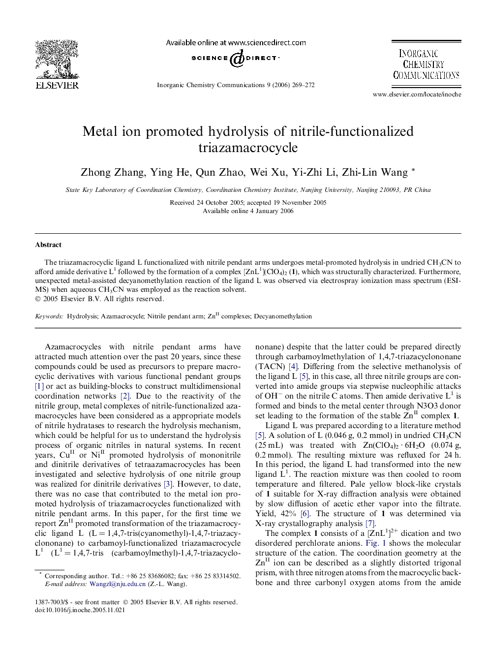 Metal ion promoted hydrolysis of nitrile-functionalized triazamacrocycle