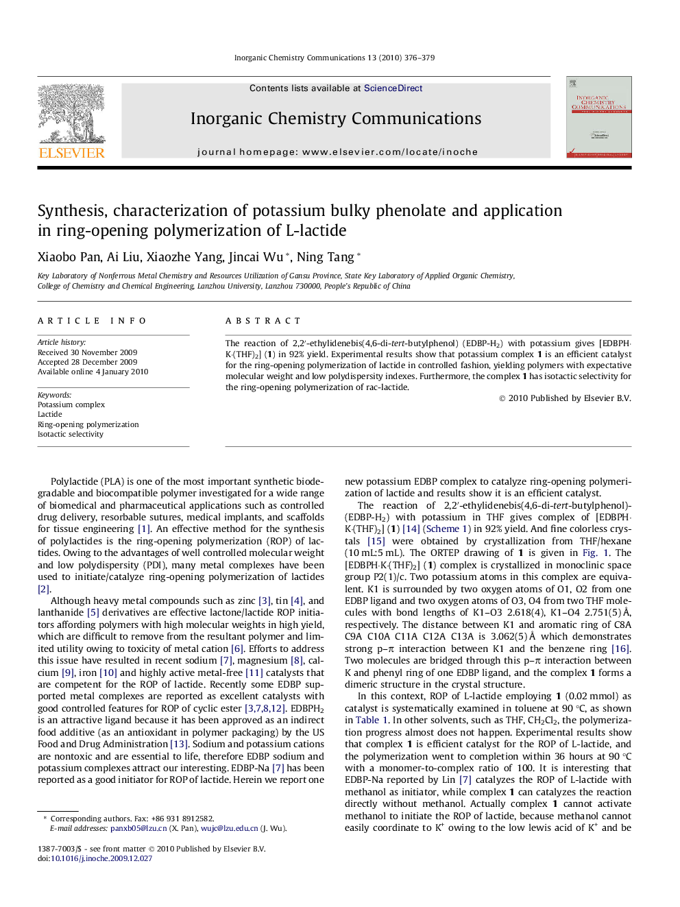 Synthesis, characterization of potassium bulky phenolate and application in ring-opening polymerization of L-lactide