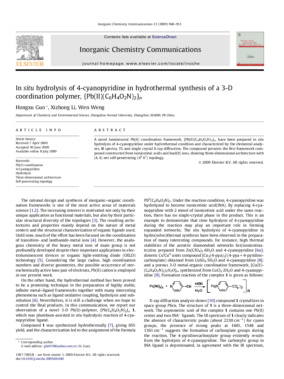 In situ hydrolysis of 4-cyanopyridine in hydrothermal synthesis of a 3-D coordination polymer, {Pb(II)(C6H4O2N)2}n