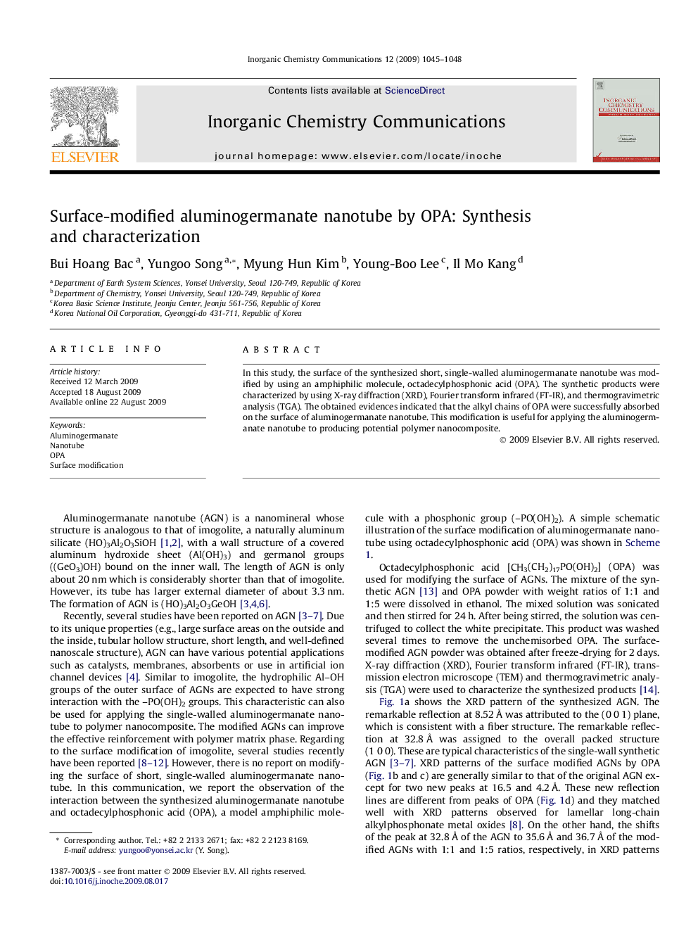 Surface-modified aluminogermanate nanotube by OPA: Synthesis and characterization