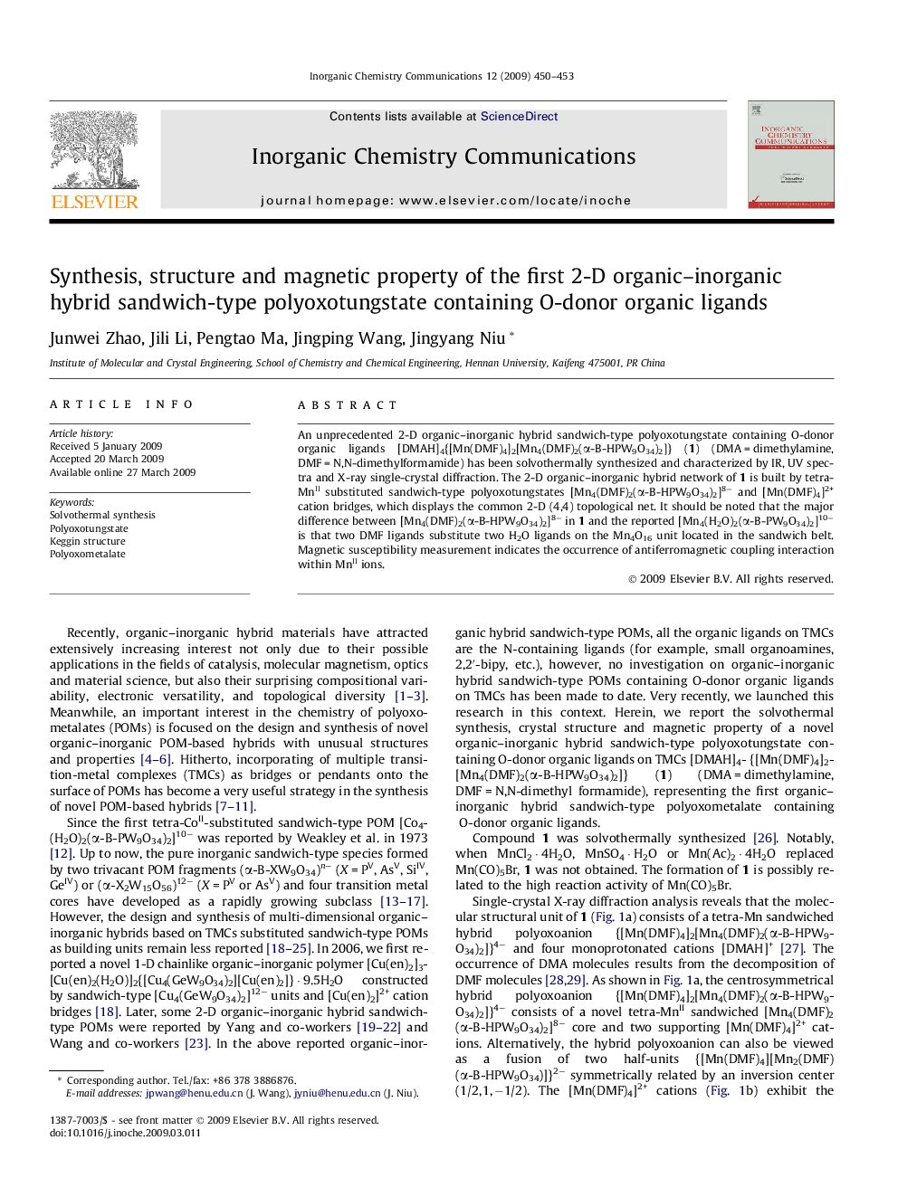 Synthesis, structure and magnetic property of the first 2-D organic–inorganic hybrid sandwich-type polyoxotungstate containing O-donor organic ligands