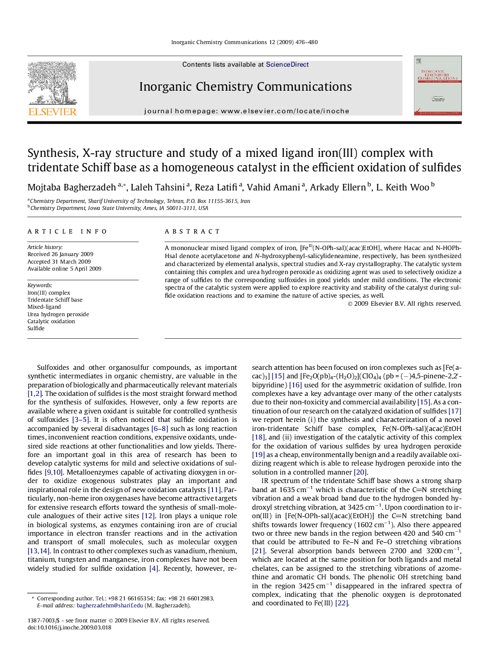 عکس صفحه اول مقاله: Synthesis, X-ray structure and study of a mixed ligand iron(III) complex with tridentate Schiff base as a homogeneous catalyst in the efficient oxidation of sulfides Synthesis, X-ray structure and study of a mixed ligand iron(III) complex with tridentate Schiff base as a homogeneous catalyst in the efficient oxidation of sulfides