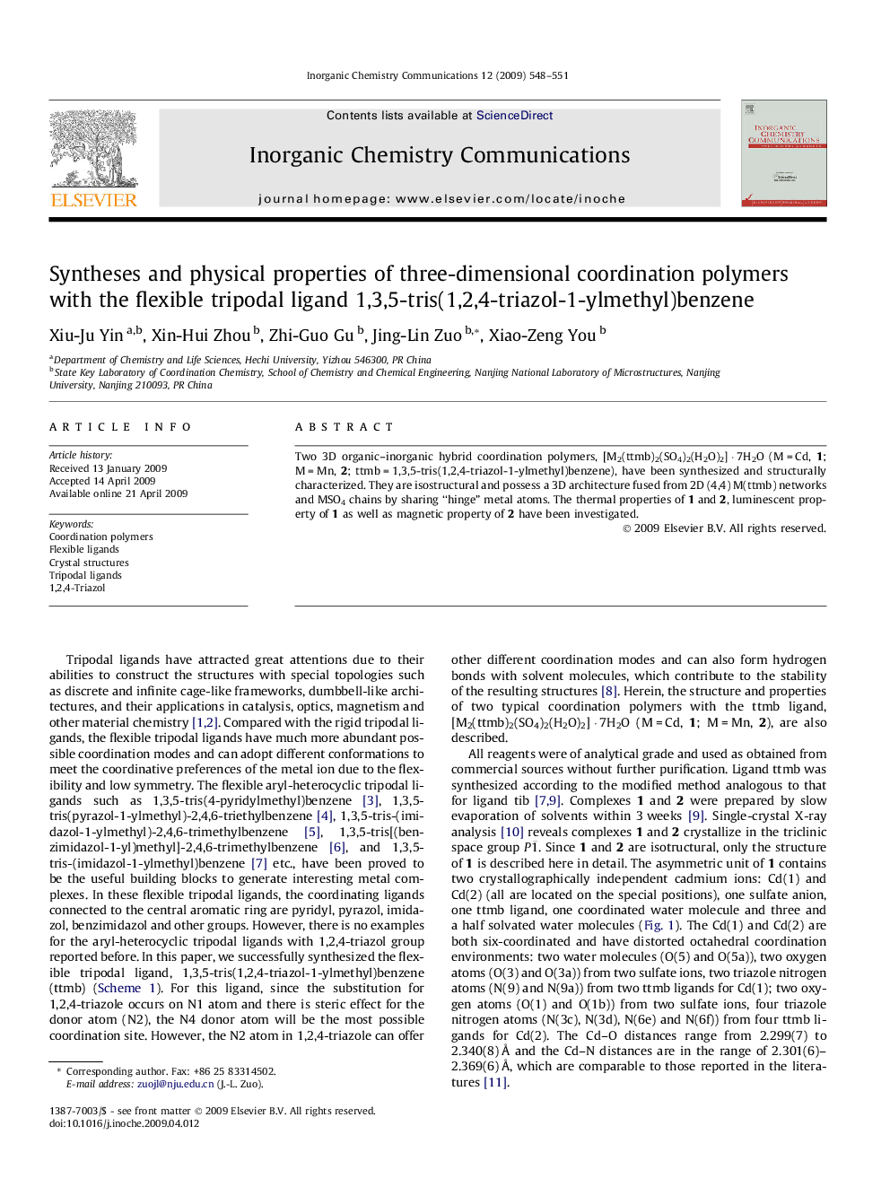 Syntheses and physical properties of three-dimensional coordination polymers with the flexible tripodal ligand 1,3,5-tris(1,2,4-triazol-1-ylmethyl)benzene