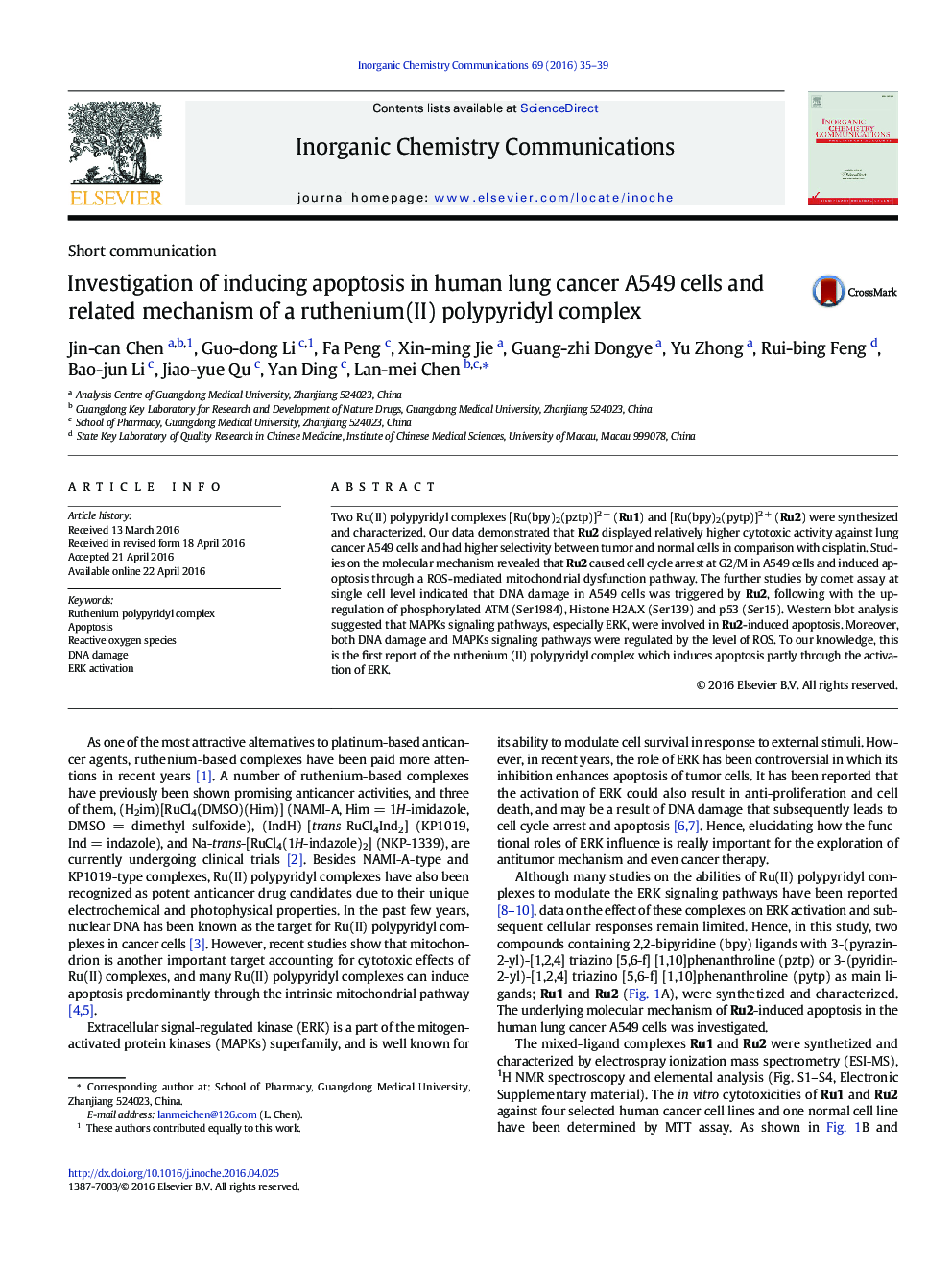 Investigation of inducing apoptosis in human lung cancer A549 cells and related mechanism of a ruthenium(II) polypyridyl complex