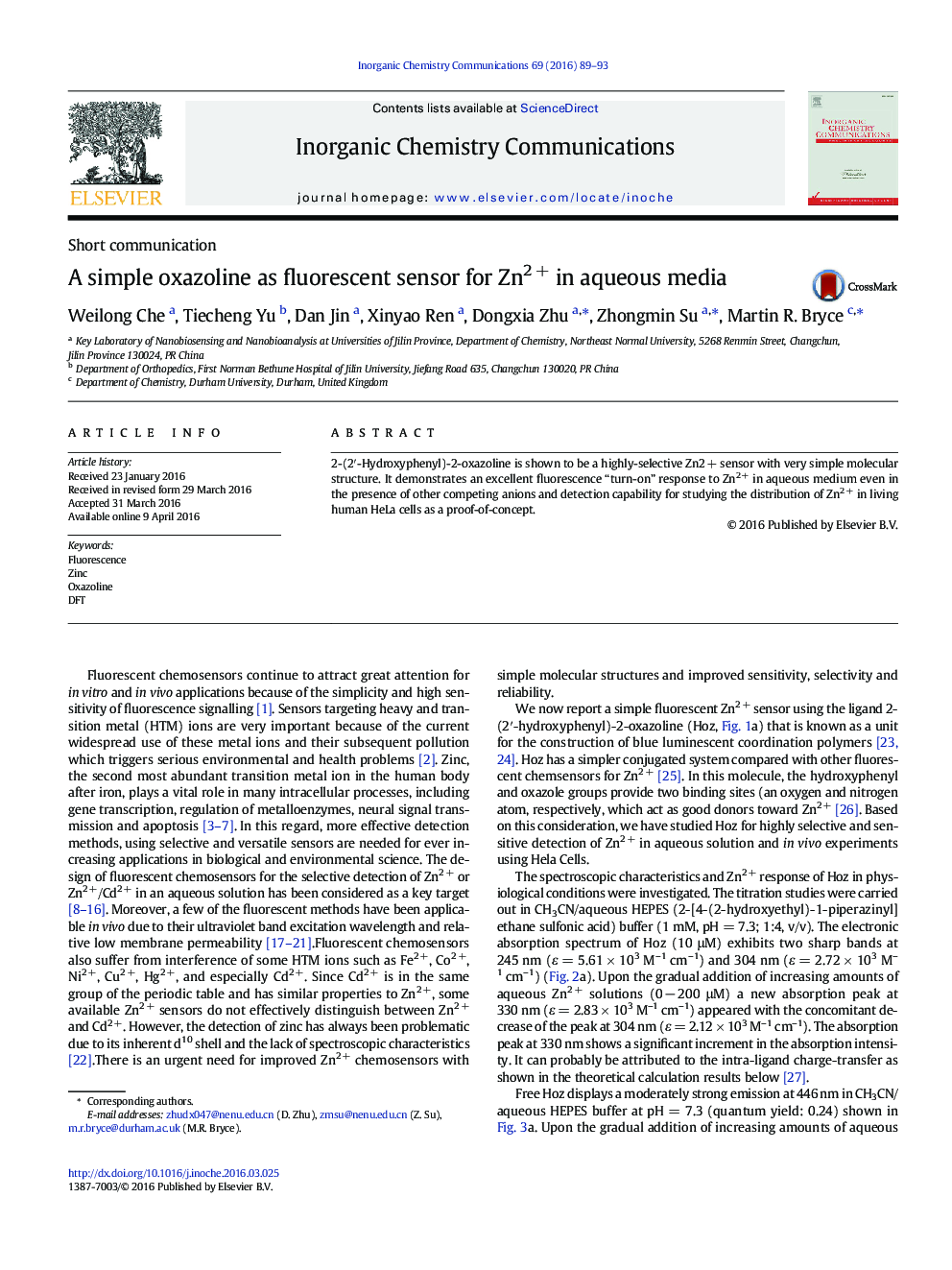 A simple oxazoline as fluorescent sensor for Zn2 + in aqueous media