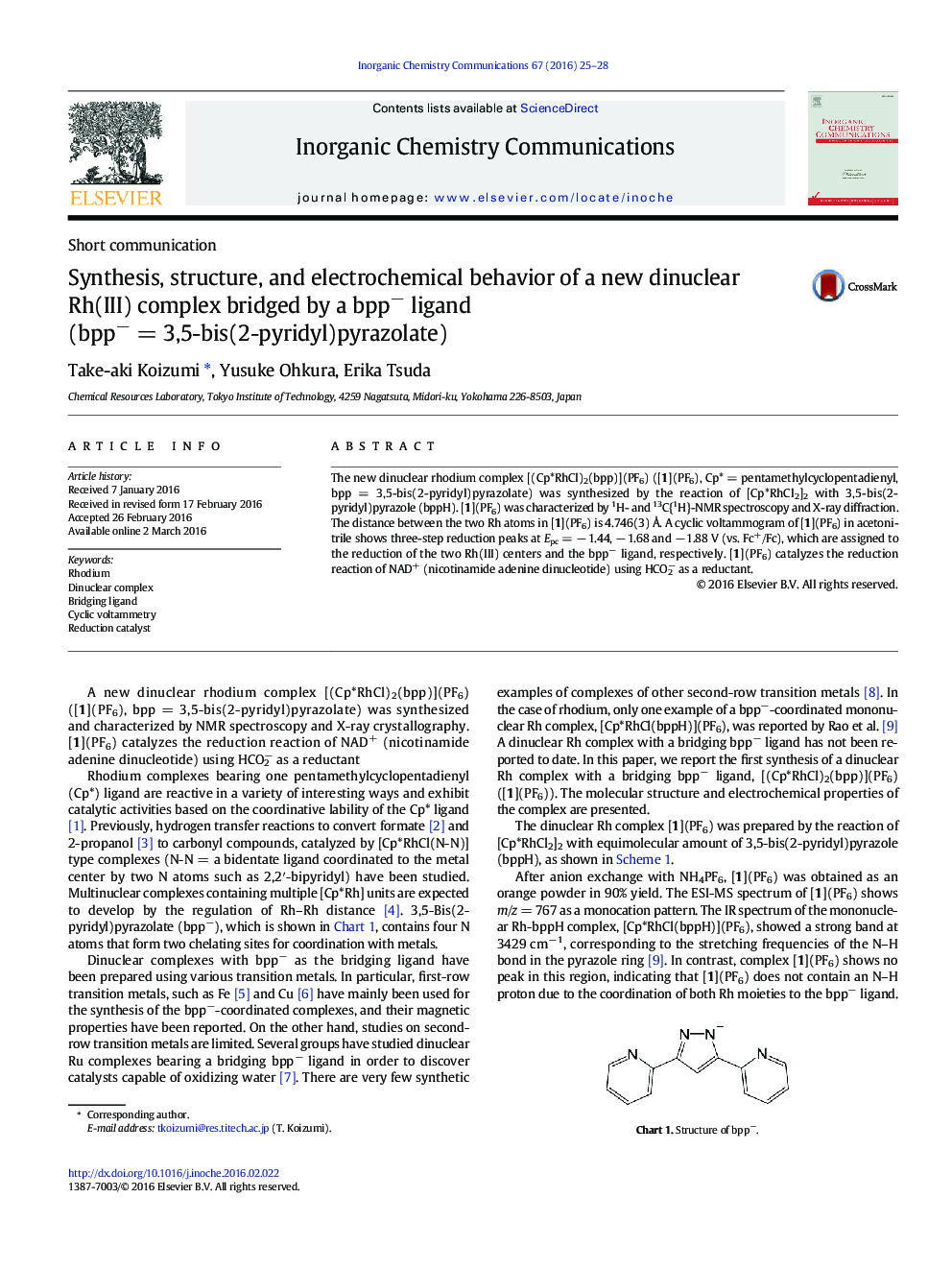 Synthesis, structure, and electrochemical behavior of a new dinuclear Rh(III) complex bridged by a bpp− ligand (bpp− = 3,5-bis(2-pyridyl)pyrazolate)