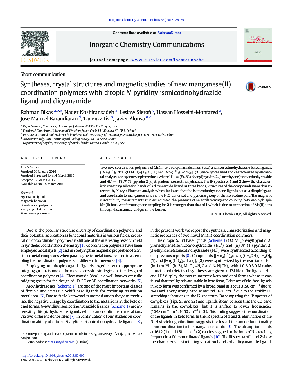 Syntheses, crystal structures and magnetic studies of new manganese(II) coordination polymers with ditopic N-pyridinylisonicotinohydrazide ligand and dicyanamide