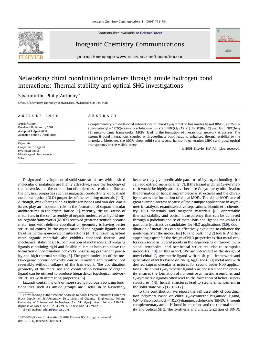 Networking chiral coordination polymers through amide hydrogen bond interactions: Thermal stability and optical SHG investigations