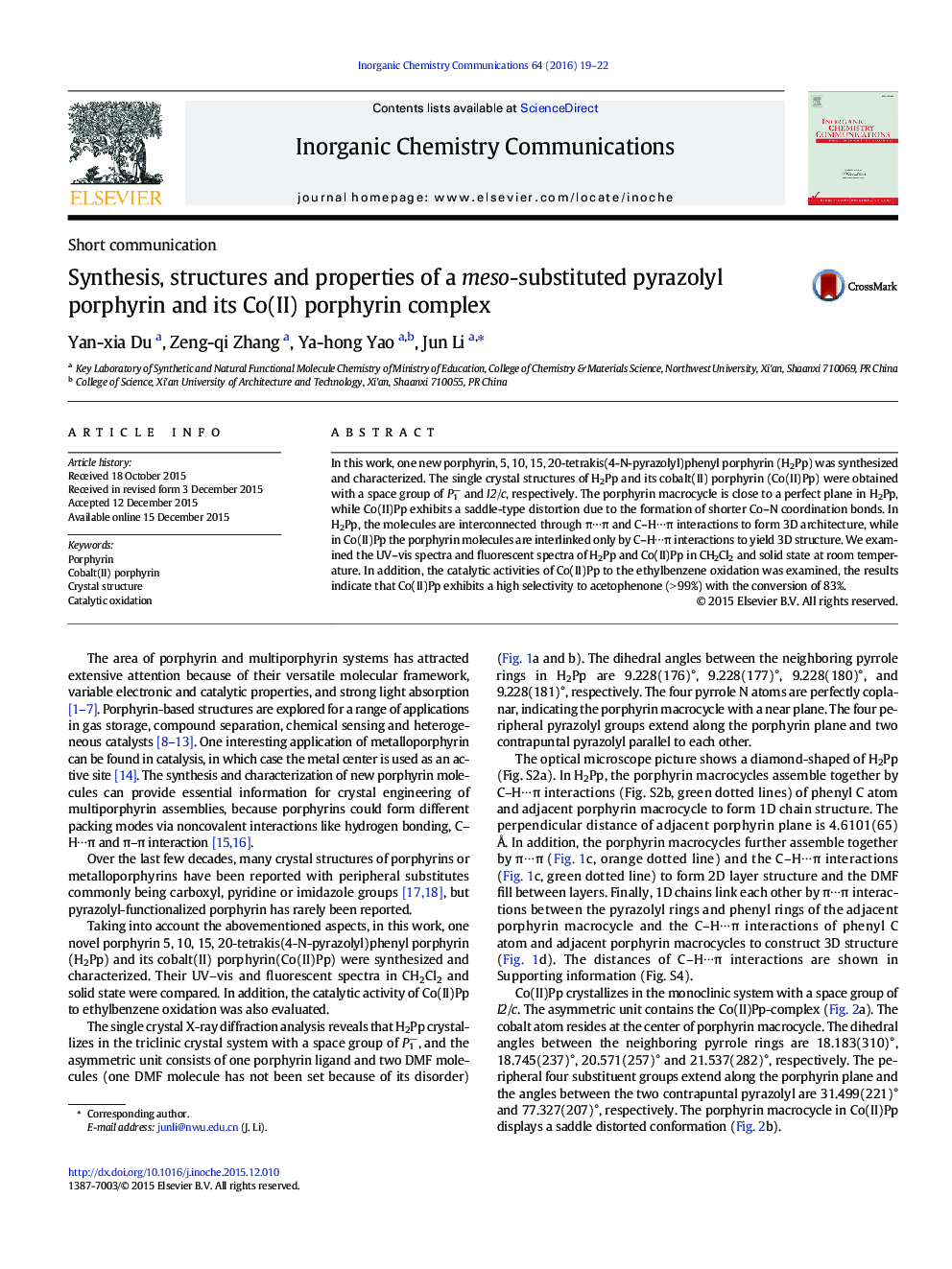 Synthesis, structures and properties of a meso-substituted pyrazolyl porphyrin and its Co(II) porphyrin complex