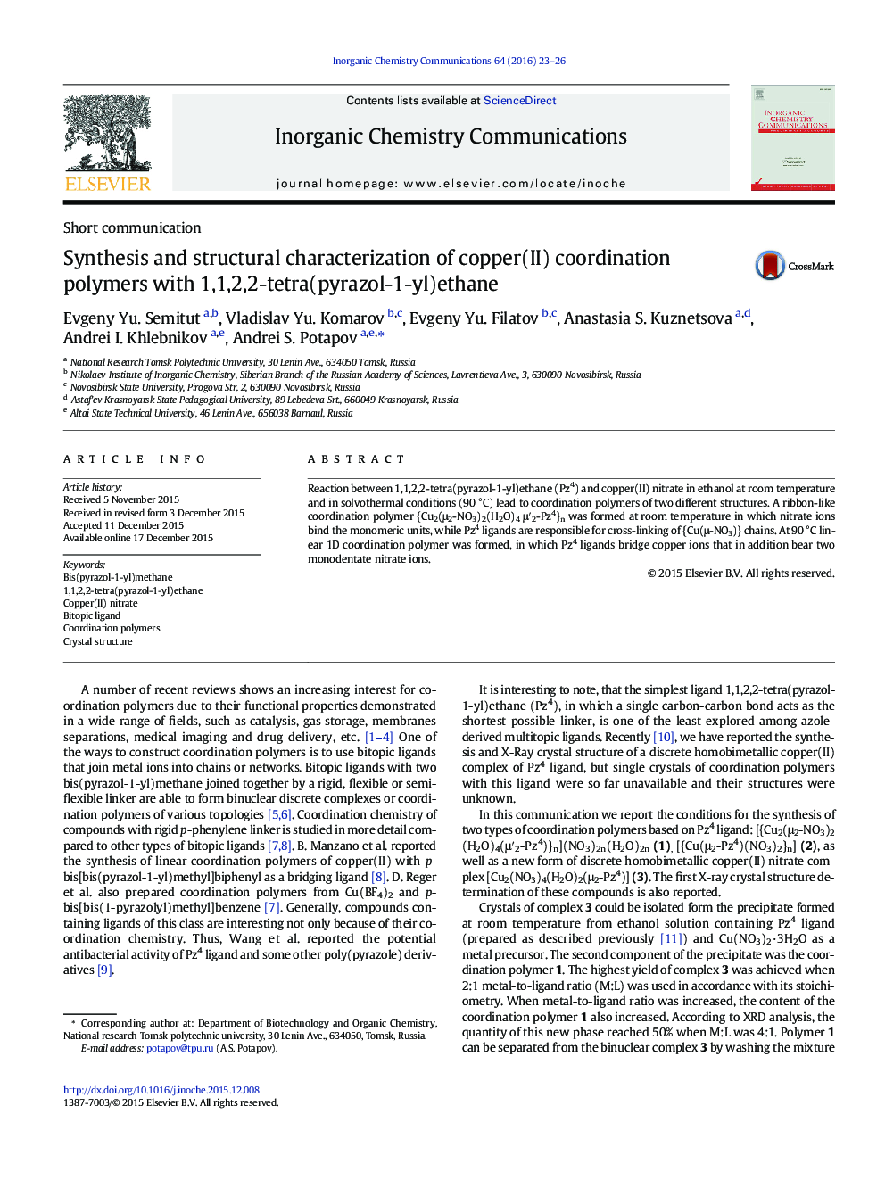 Synthesis and structural characterization of copper(II) coordination polymers with 1,1,2,2-tetra(pyrazol-1-yl)ethane