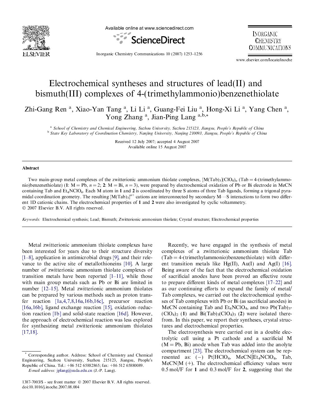 Electrochemical syntheses and structures of lead(II) and bismuth(III) complexes of 4-(trimethylammonio)benzenethiolate