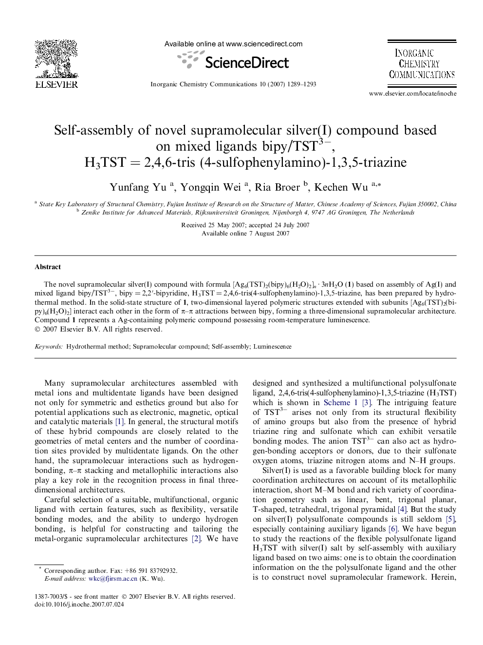 Self-assembly of novel supramolecular silver(I) compound based on mixed ligands bipy/TST3â, H3TSTÂ =Â 2,4,6-tris (4-sulfophenylamino)-1,3,5-triazine