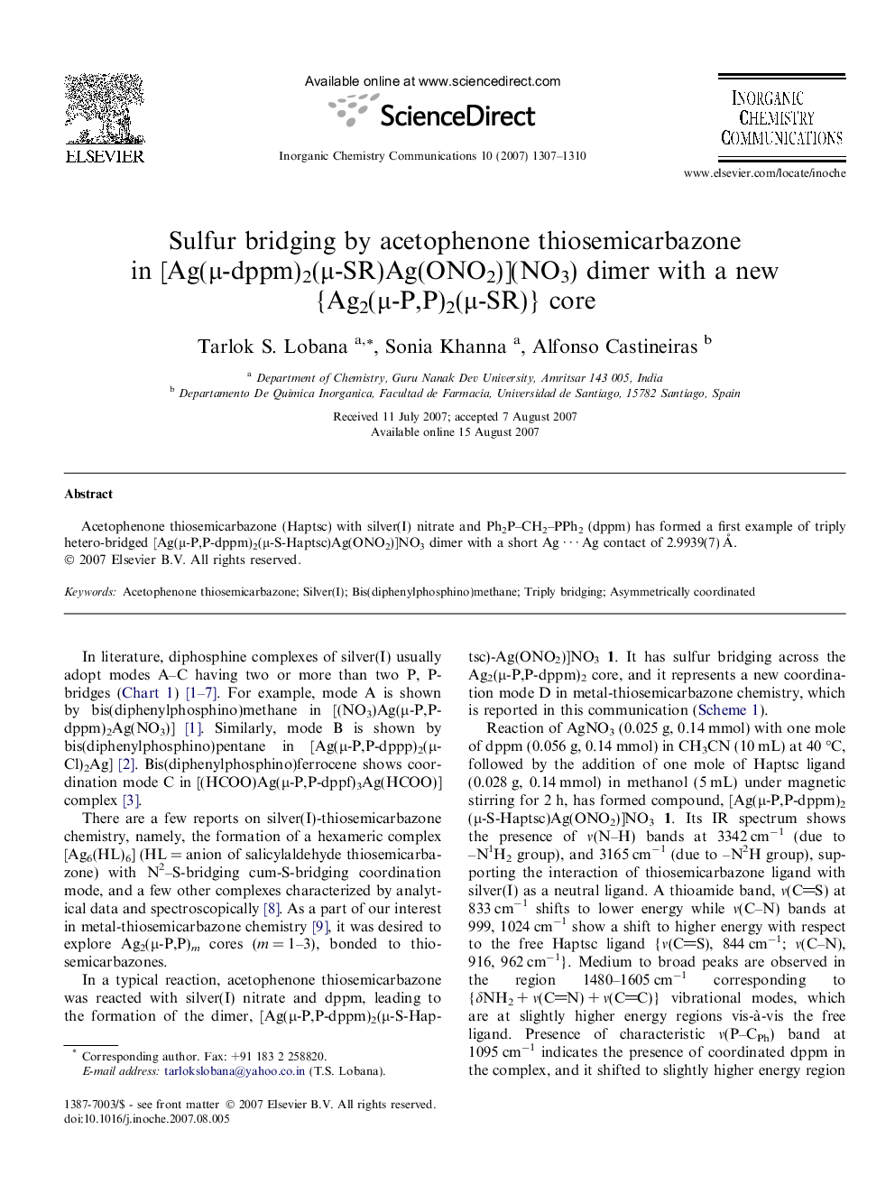 Sulfur bridging by acetophenone thiosemicarbazone in [Ag(μ-dppm)2(μ-SR)Ag(ONO2)](NO3) dimer with a new {Ag2(μ-P,P)2(μ-SR)} core