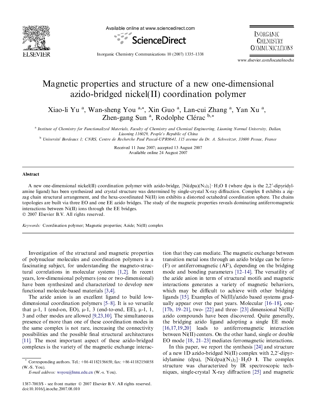 Magnetic properties and structure of a new one-dimensional azido-bridged nickel(II) coordination polymer