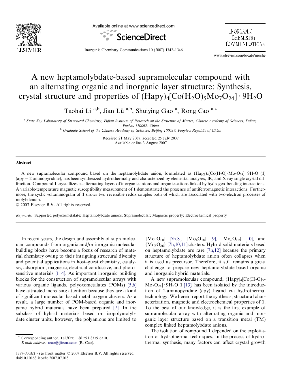 A new heptamolybdate-based supramolecular compound with an alternating organic and inorganic layer structure: Synthesis, crystal structure and properties of (Hapy)4[Co(H2O)5Mo7O24] · 9H2O