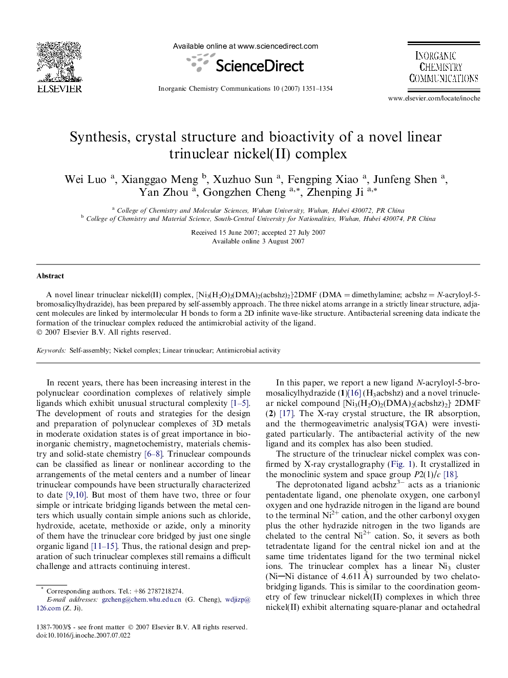 Synthesis, crystal structure and bioactivity of a novel linear trinuclear nickel(II) complex