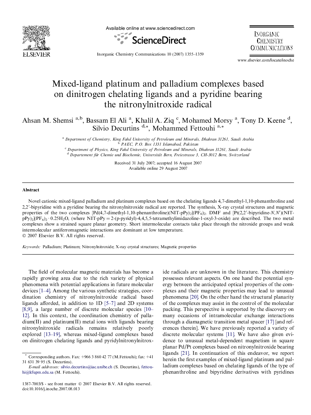 Mixed-ligand platinum and palladium complexes based on dinitrogen chelating ligands and a pyridine bearing the nitronylnitroxide radical