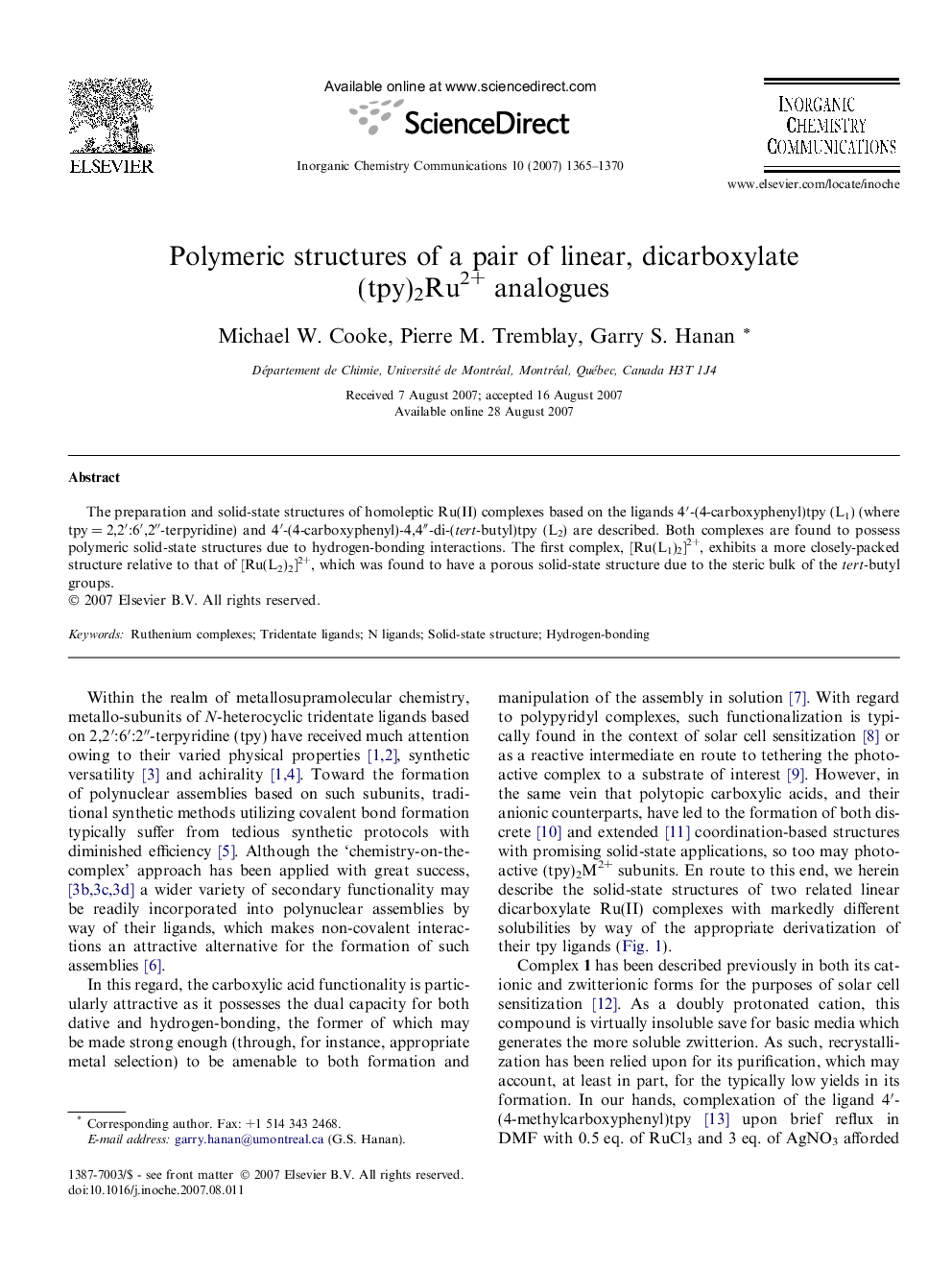 Polymeric structures of a pair of linear, dicarboxylate (tpy)2Ru2+ analogues