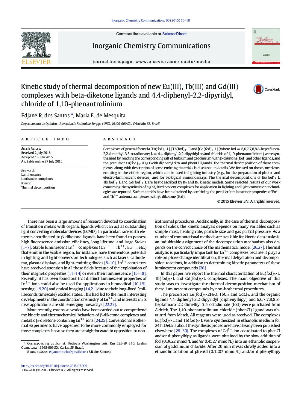 Kinetic study of thermal decomposition of new Eu(III), Tb(III) and Gd(III) complexes with beta-diketone ligands and 4,4-diphenyl-2,2-dipyridyl, chloride of 1,10-phenantrolinium