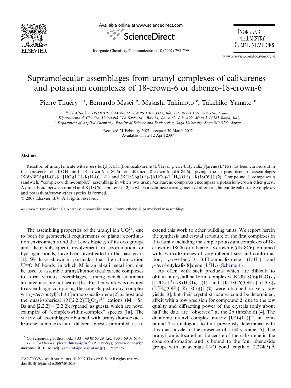 Supramolecular assemblages from uranyl complexes of calixarenes and potassium complexes of 18-crown-6 or dibenzo-18-crown-6