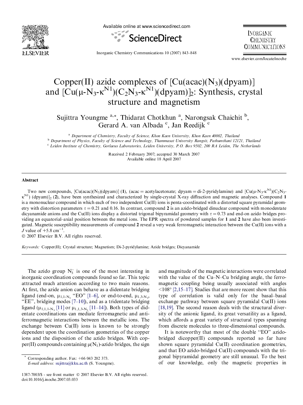 Copper(II) azide complexes of [Cu(acac)(N3)(dpyam)] and [Cu(Î¼-N3-ÎºN1)(C2N3-ÎºN1)(dpyam)]2: Synthesis, crystal structure and magnetism