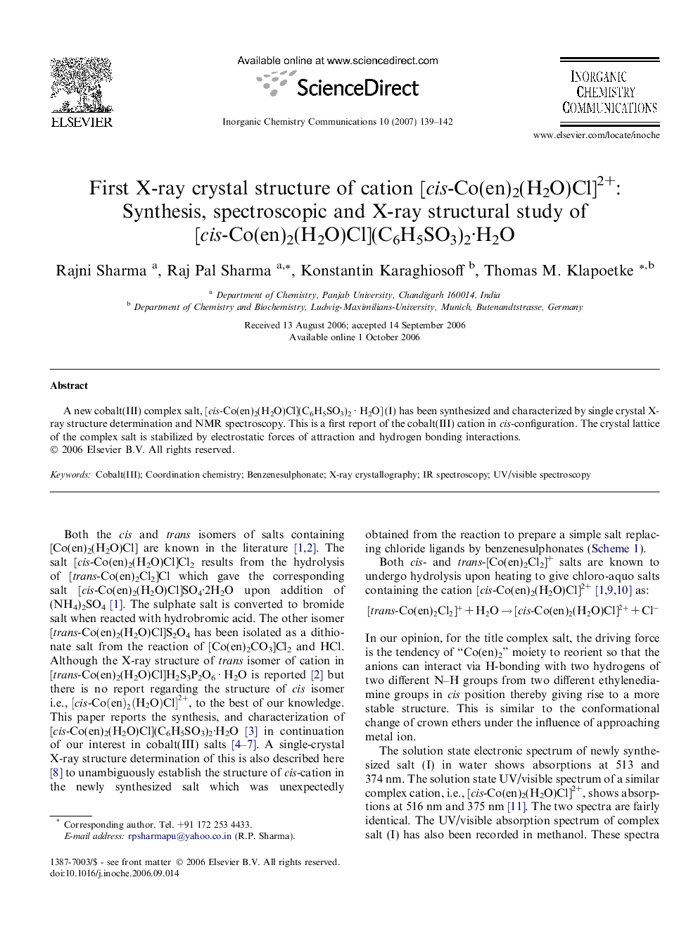 First X-ray crystal structure of cation [cis-Co(en)2(H2O)Cl]2+: Synthesis, spectroscopic and X-ray structural study of [cis-Co(en)2(H2O)Cl](C6H5SO3)2·H2O