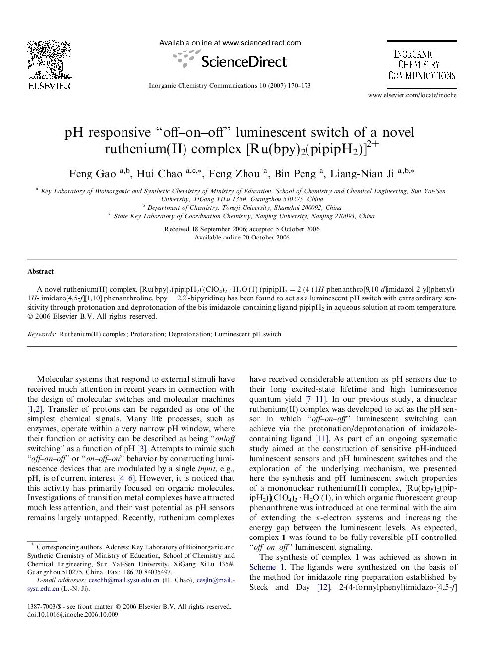pH responsive “off-on-off” luminescent switch of a novel ruthenium(II) complex [Ru(bpy)2(pipipH2)]2+