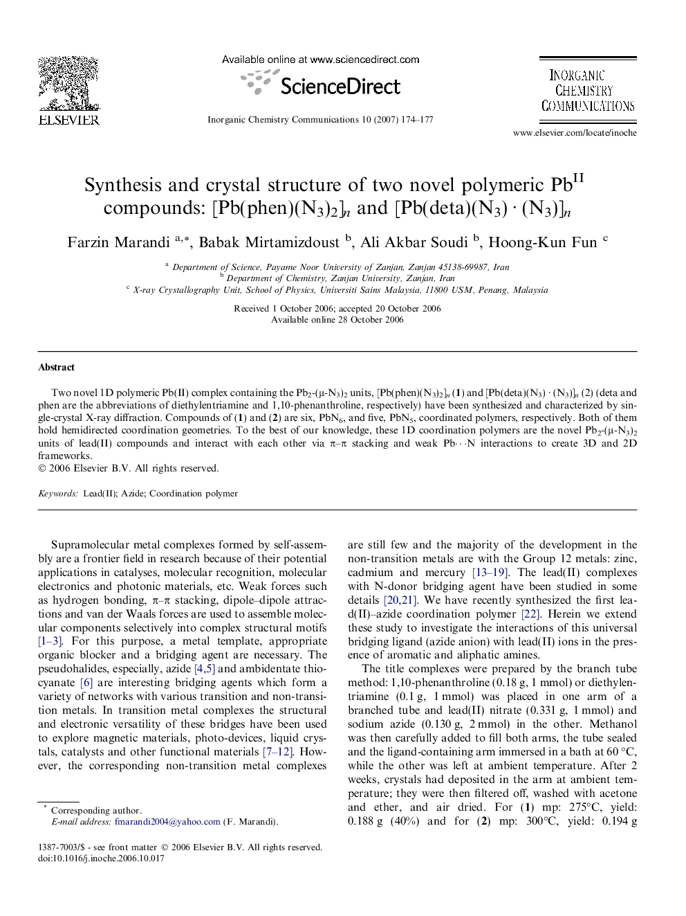 Synthesis and crystal structure of two novel polymeric PbII compounds: [Pb(phen)(N3)2]n and [Pb(deta)(N3)Â Â·Â (N3)]n