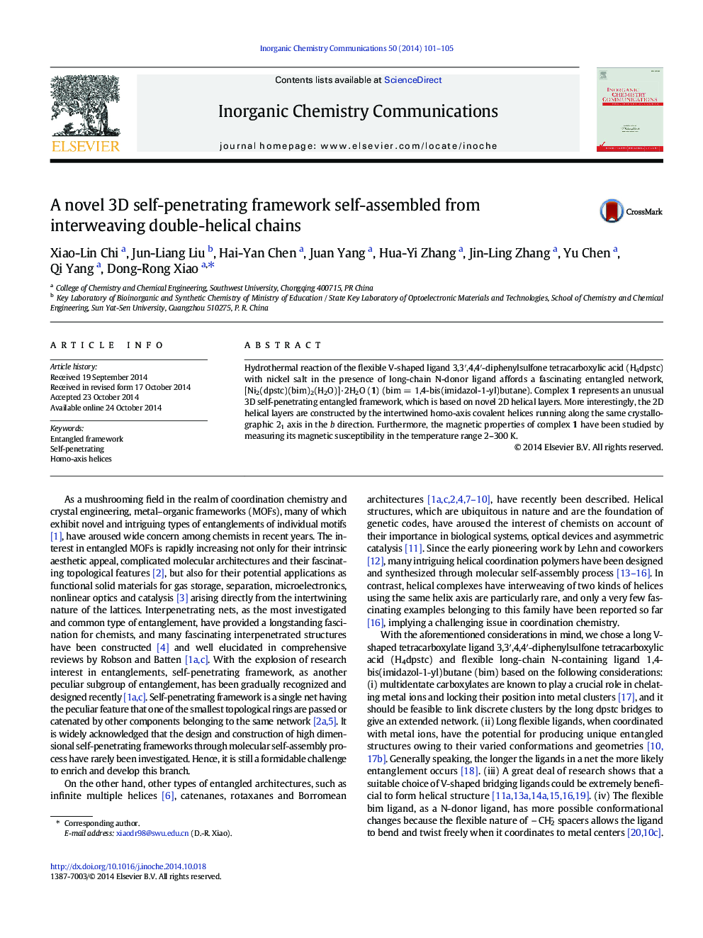 A novel 3D self-penetrating framework self-assembled from interweaving double-helical chains