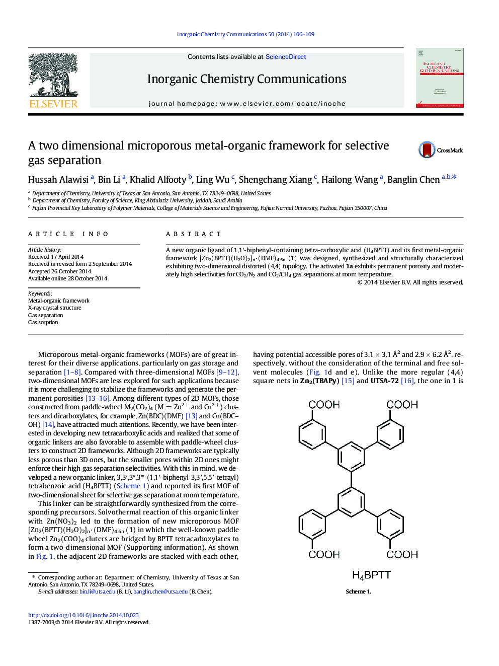 A two dimensional microporous metal-organic framework for selective gas separation