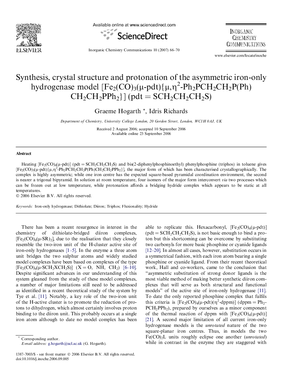 Synthesis, crystal structure and protonation of the asymmetric iron-only hydrogenase model [Fe2(CO)3(Î¼-pdt){Î¼,Î·2-Ph2PCH2CH2P(Ph)CH2CH2PPh2}] (pdtÂ =Â SCH2CH2CH2S)