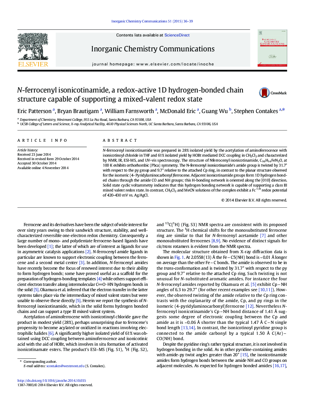 N-ferrocenyl isonicotinamide, a redox-active 1D hydrogen-bonded chain structure capable of supporting a mixed-valent redox state