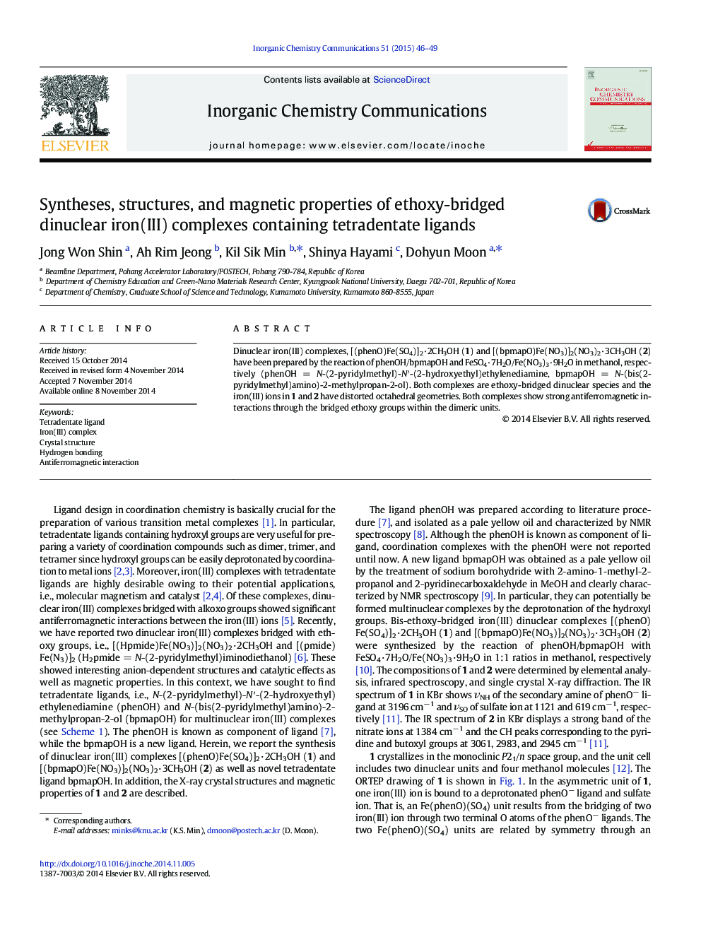 عکس صفحه اول مقاله: Syntheses, structures, and magnetic properties of ethoxy-bridged dinuclear iron(III) complexes containing tetradentate ligands Syntheses, structures, and magnetic properties of ethoxy-bridged dinuclear iron(III) complexes containing tetradentate ligands