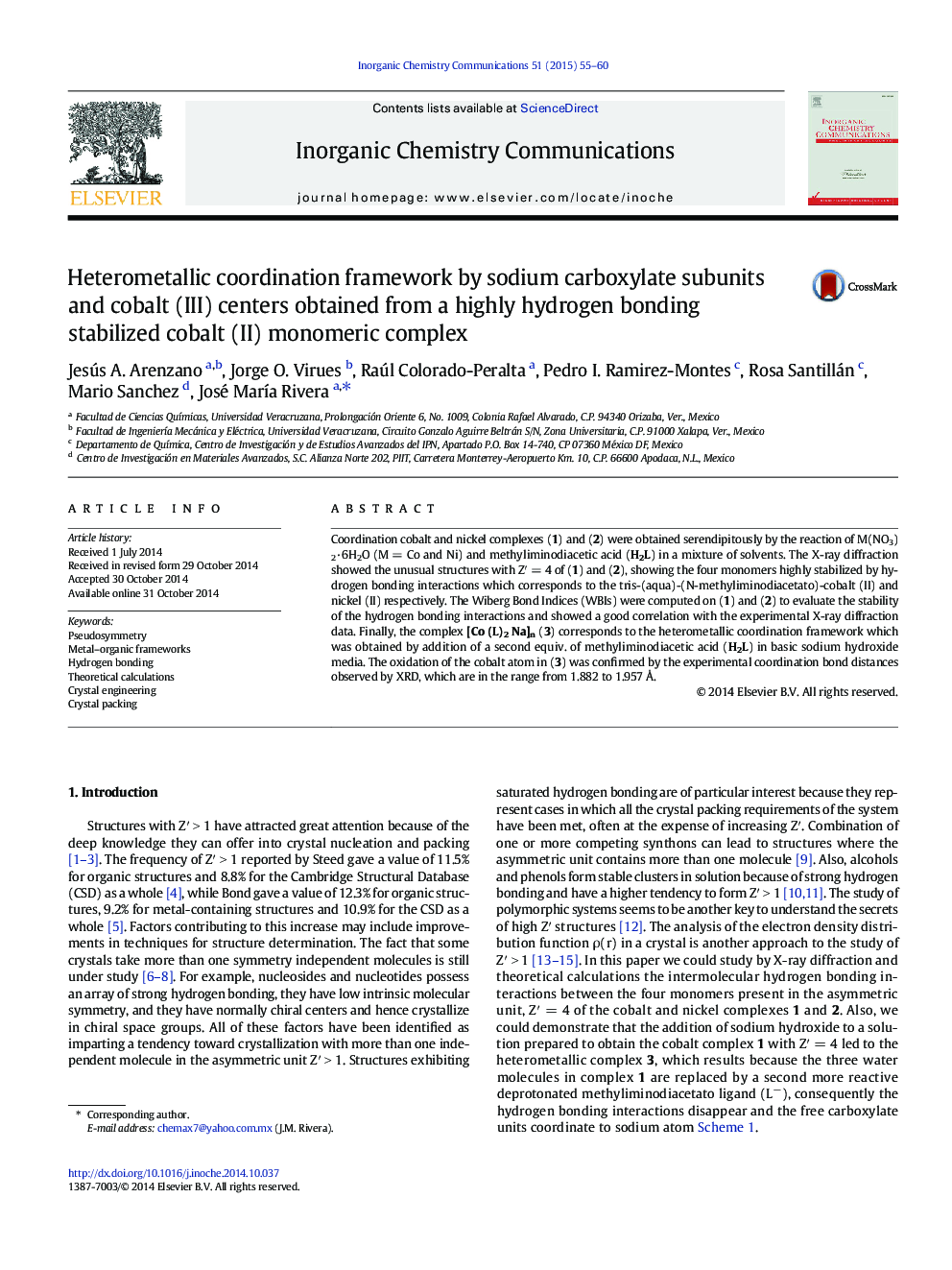 Heterometallic coordination framework by sodium carboxylate subunits and cobalt (III) centers obtained from a highly hydrogen bonding stabilized cobalt (II) monomeric complex