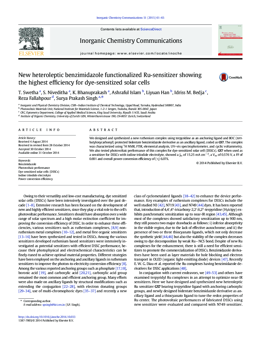 New heteroleptic benzimidazole functionalized Ru-sensitizer showing the highest efficiency for dye-sensitized solar cells