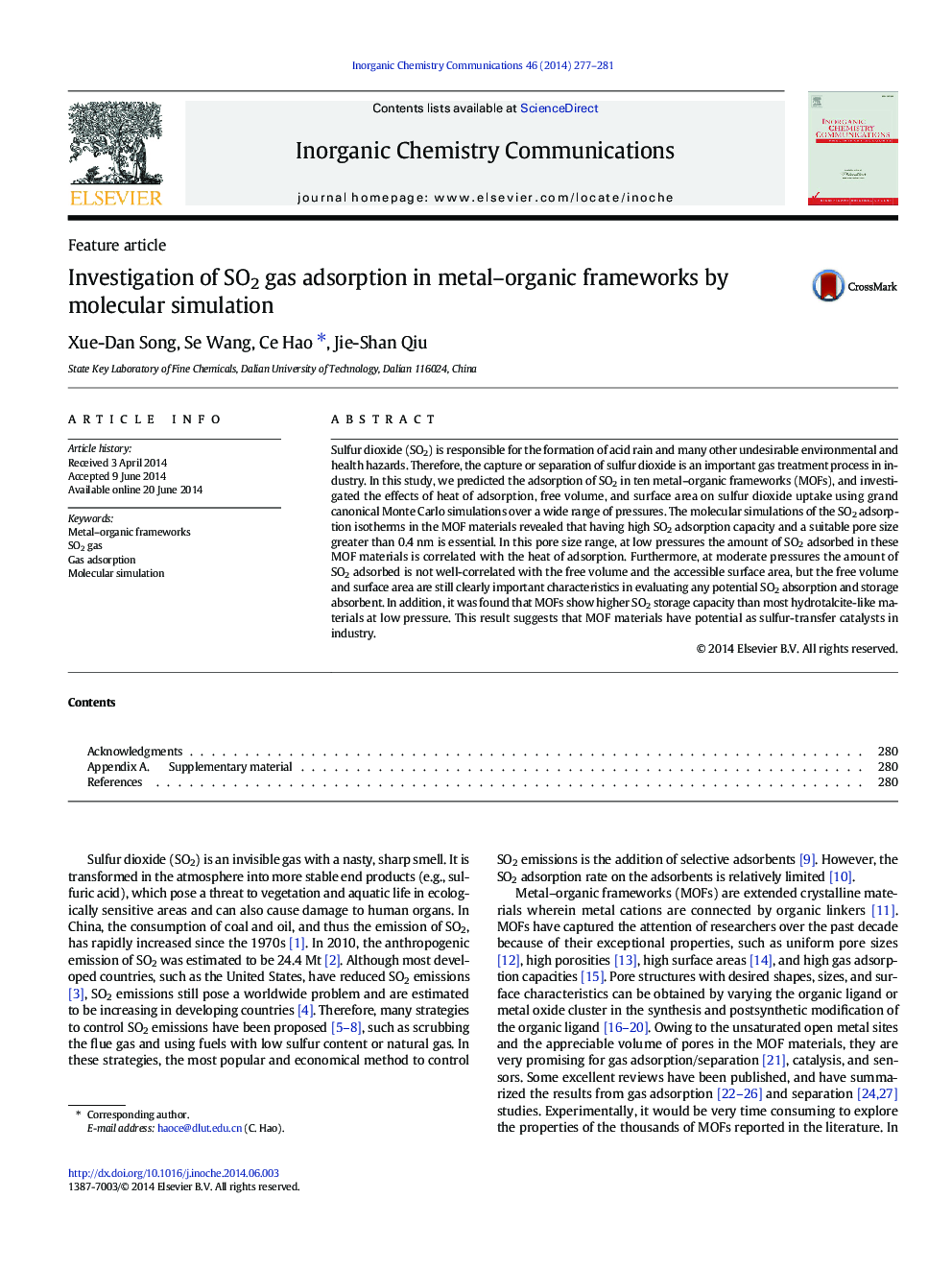Investigation of SO2 gas adsorption in metal–organic frameworks by molecular simulation