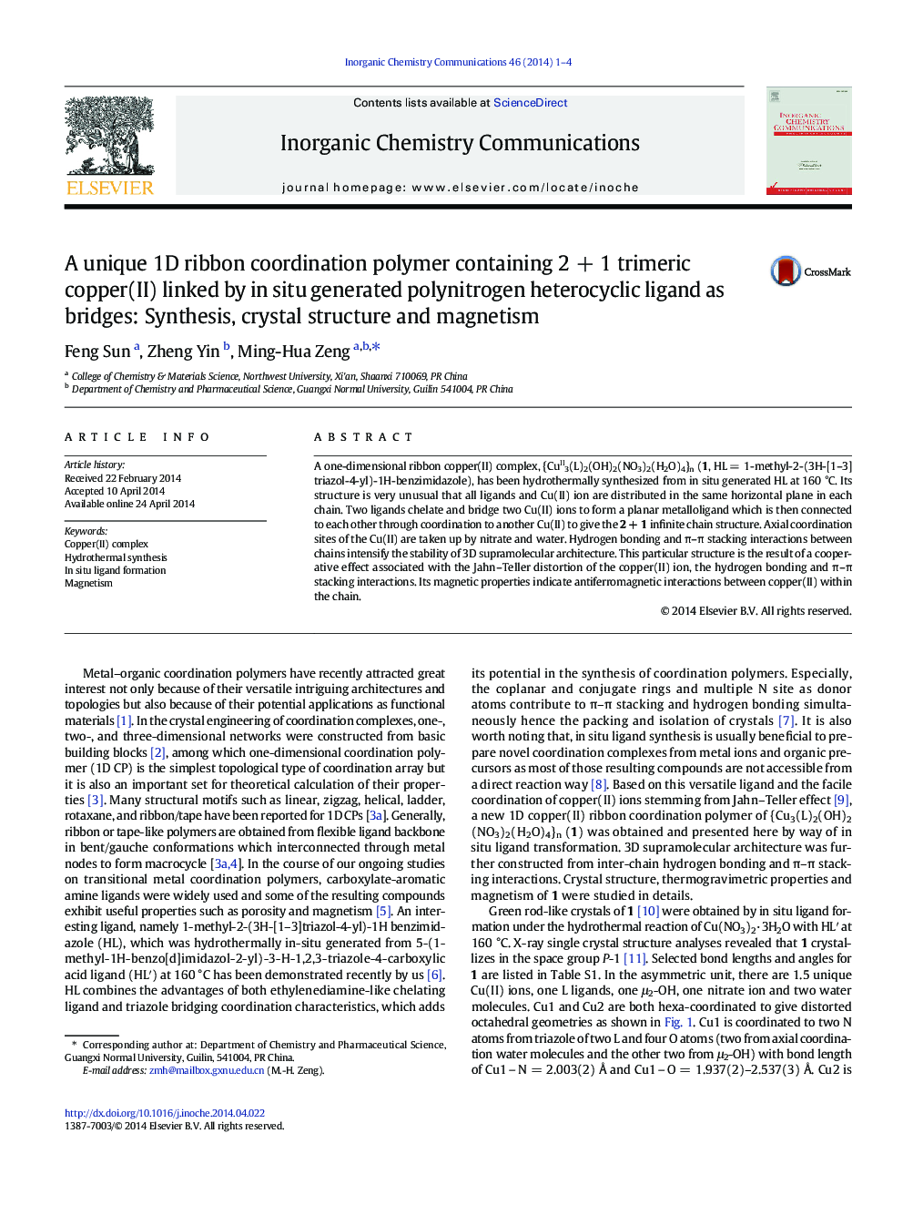 A unique 1D ribbon coordination polymer containing 2 + 1 trimeric copper(II) linked by in situ generated polynitrogen heterocyclic ligand as bridges: Synthesis, crystal structure and magnetism