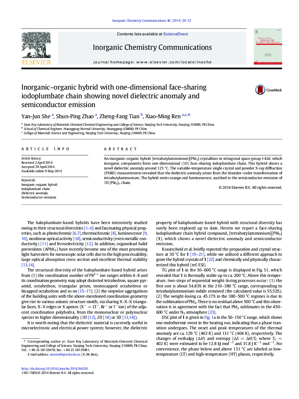 Inorganic–organic hybrid with one-dimensional face-sharing iodoplumbate chain showing novel dielectric anomaly and semiconductor emission