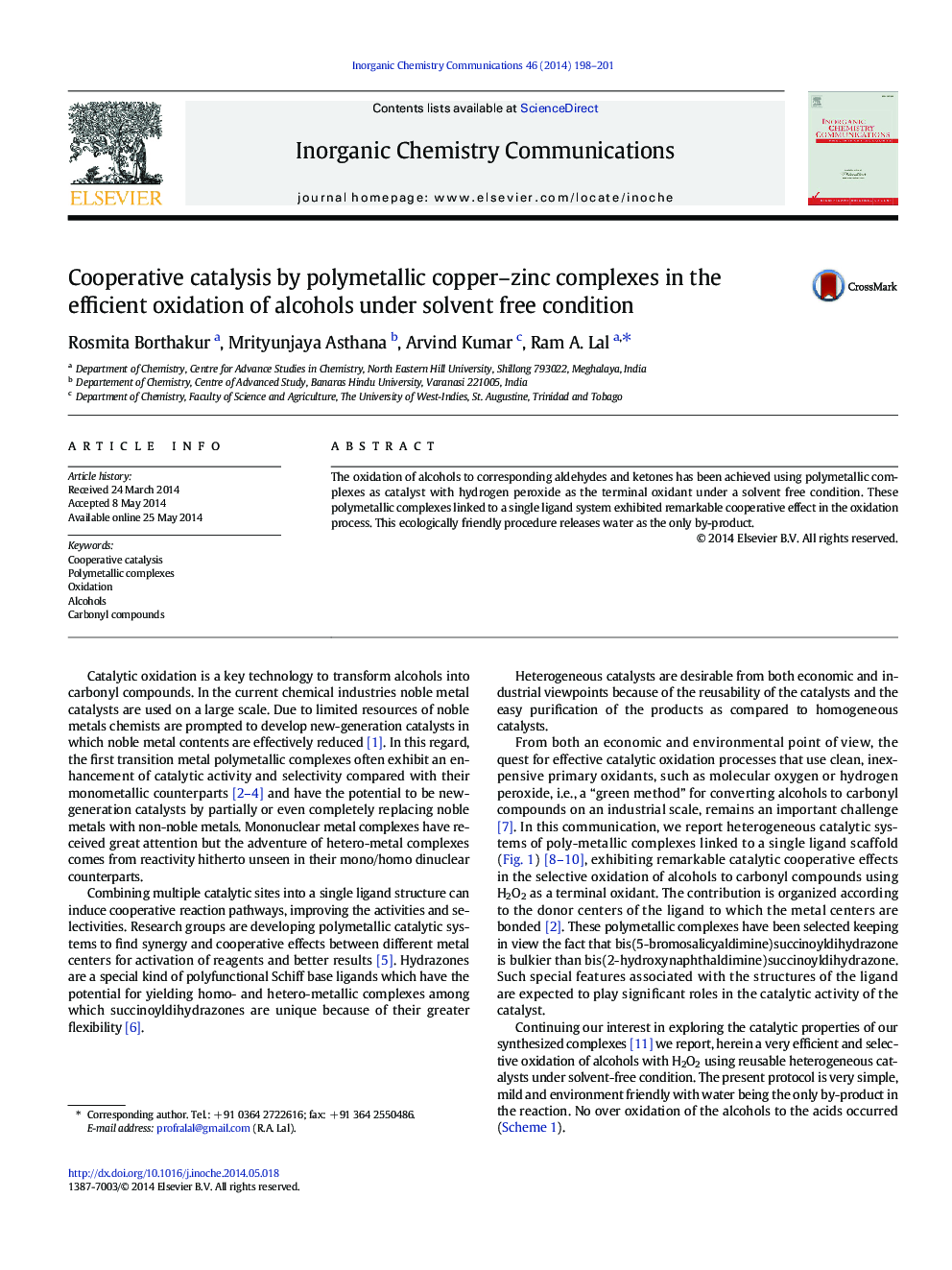 Cooperative catalysis by polymetallic copper–zinc complexes in the efficient oxidation of alcohols under solvent free condition