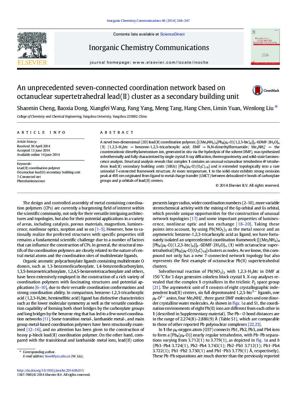 An unprecedented seven-connected coordination network based on octanuclear supertetrahedral lead(II) cluster as a secondary building unit