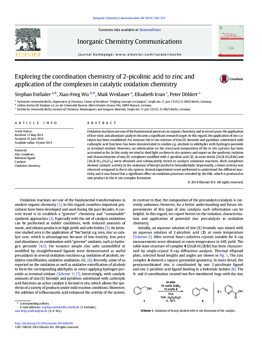 Exploring the coordination chemistry of 2-picolinic acid to zinc and application of the complexes in catalytic oxidation chemistry