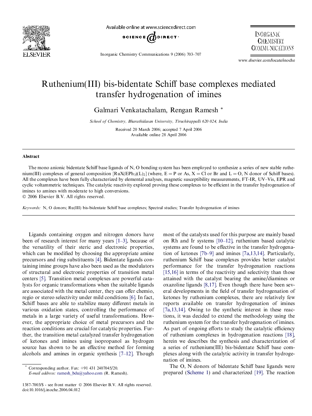 Ruthenium(III) bis-bidentate Schiff base complexes mediated transfer hydrogenation of imines