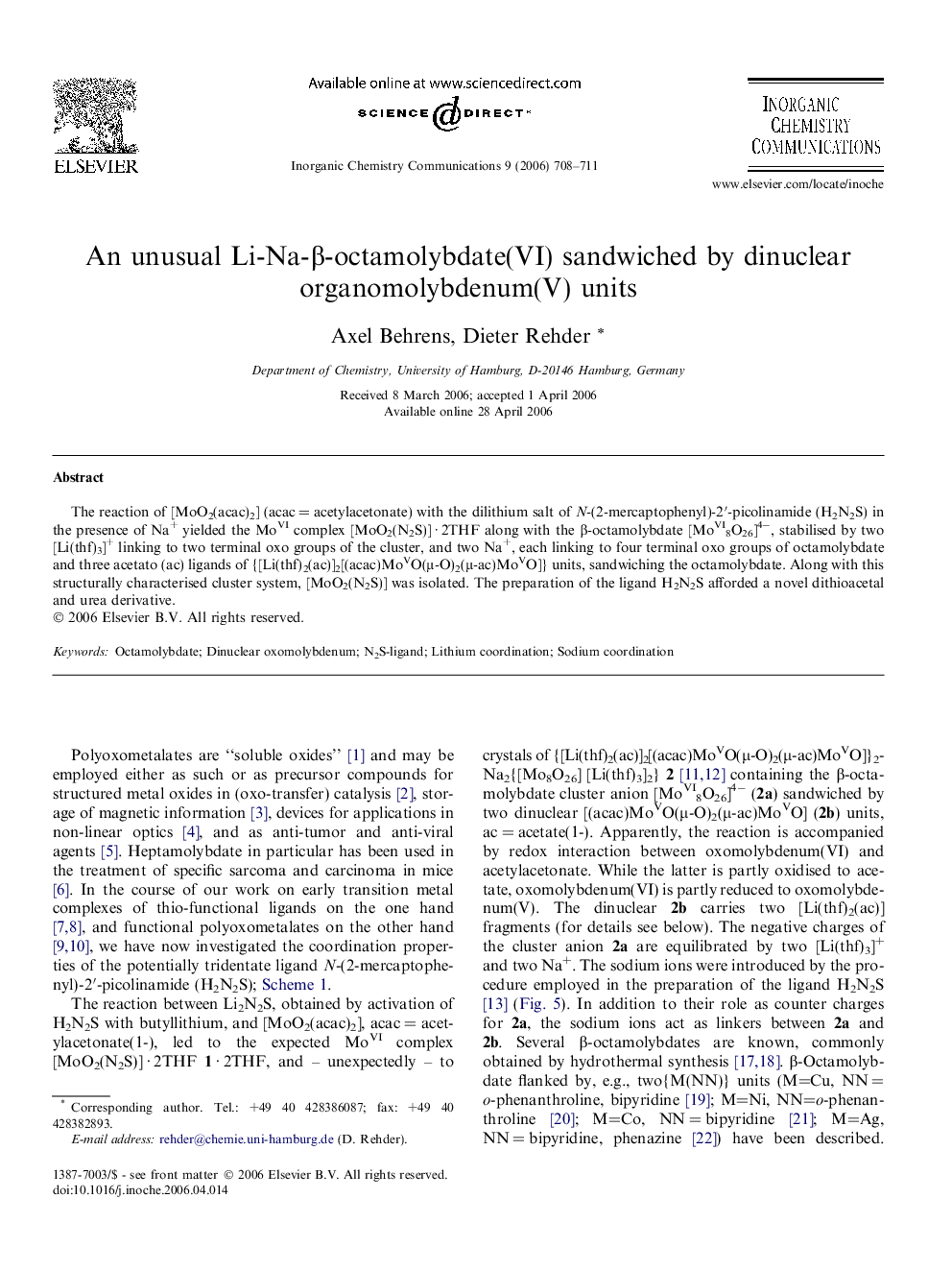 An unusual Li-Na-β-octamolybdate(VI) sandwiched by dinuclear organomolybdenum(V) units