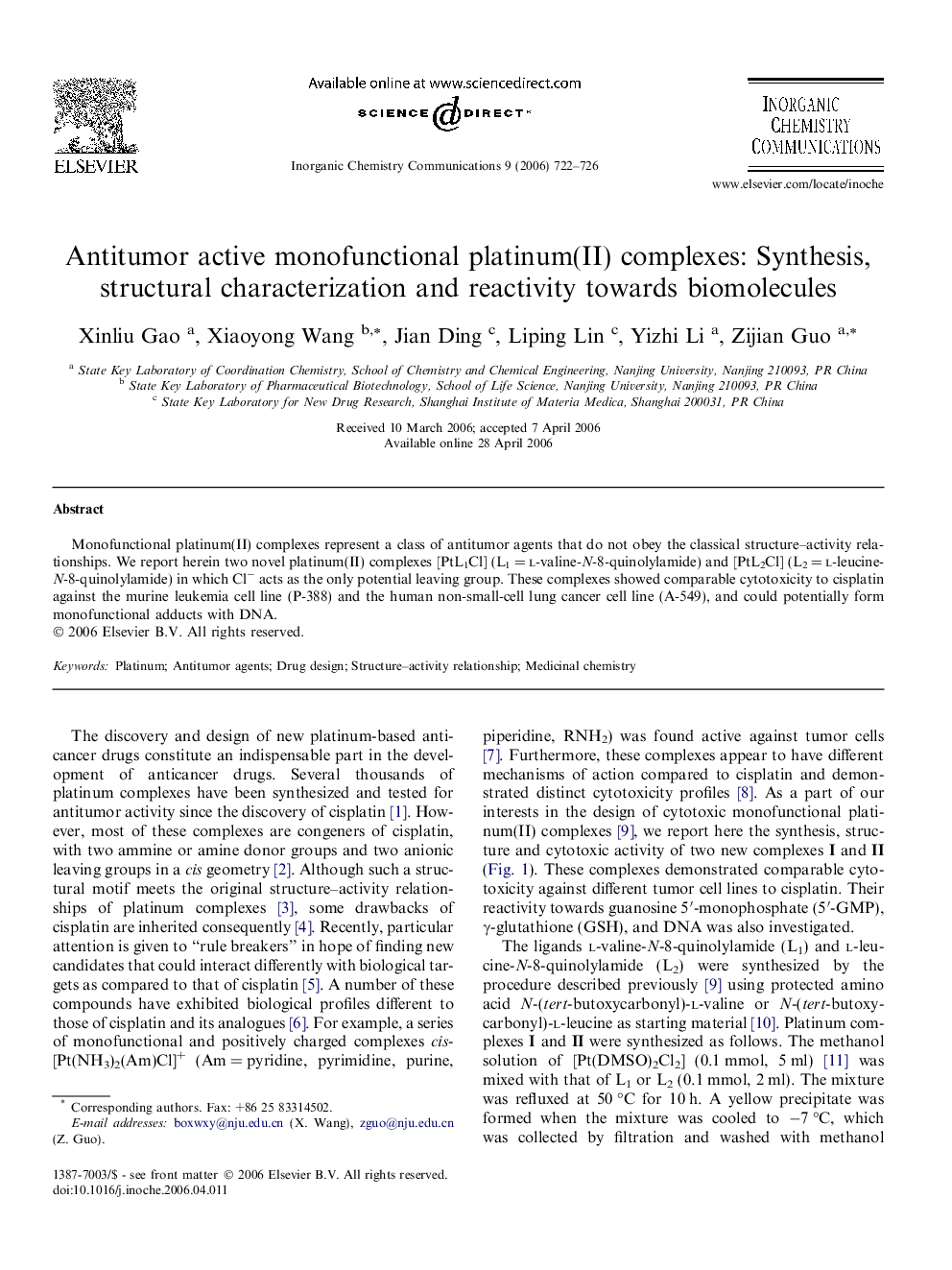 Antitumor active monofunctional platinum(II) complexes: Synthesis, structural characterization and reactivity towards biomolecules