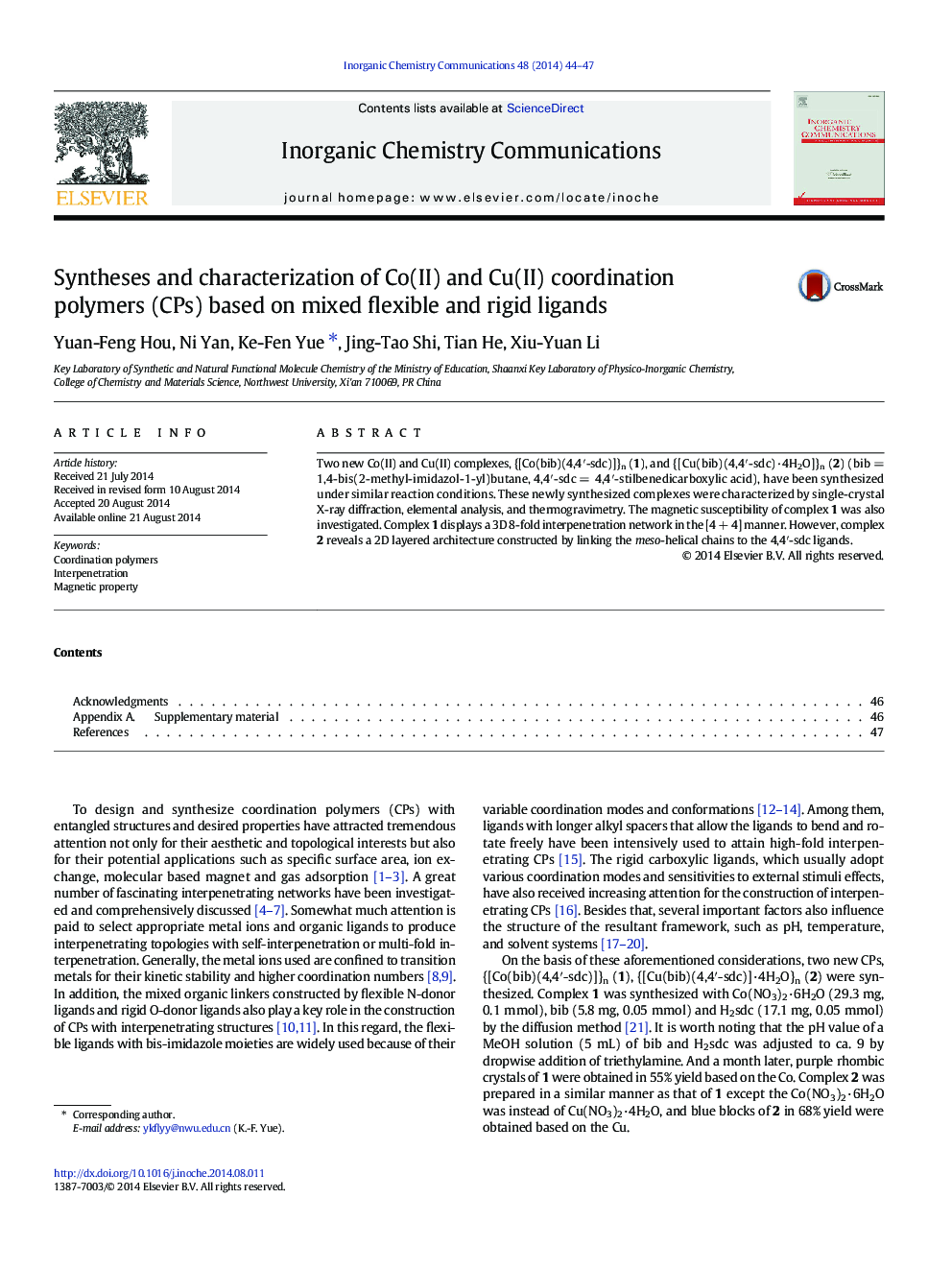 Syntheses and characterization of Co(II) and Cu(II) coordination polymers (CPs) based on mixed flexible and rigid ligands