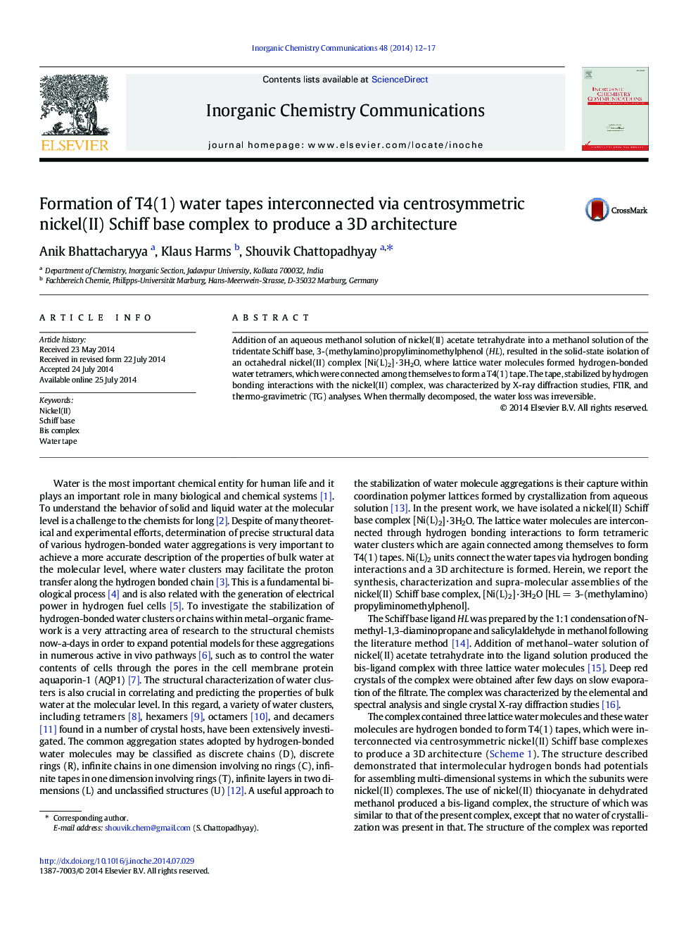 Formation of T4(1) water tapes interconnected via centrosymmetric nickel(II) Schiff base complex to produce a 3D architecture