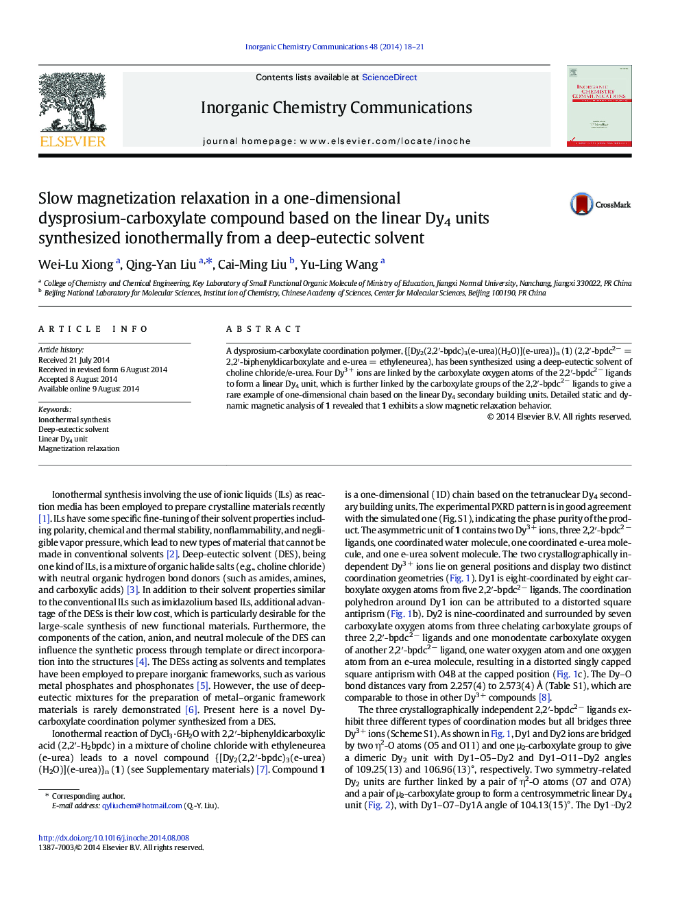 Slow magnetization relaxation in a one-dimensional dysprosium-carboxylate compound based on the linear Dy4 units synthesized ionothermally from a deep-eutectic solvent