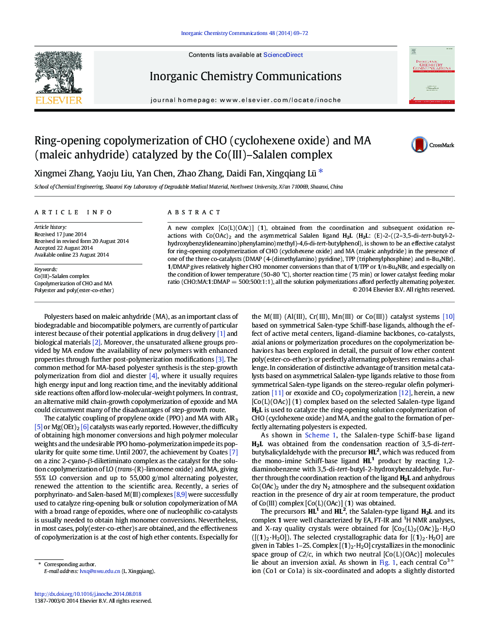 Ring-opening copolymerization of CHO (cyclohexene oxide) and MA (maleic anhydride) catalyzed by the Co(III)–Salalen complex