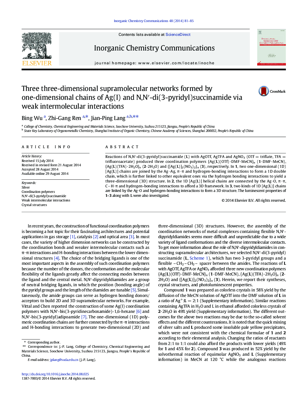 Three three-dimensional supramolecular networks formed by one-dimensional chains of Ag(I) and N,N′-di(3-pyridyl)succinamide via weak intermolecular interactions