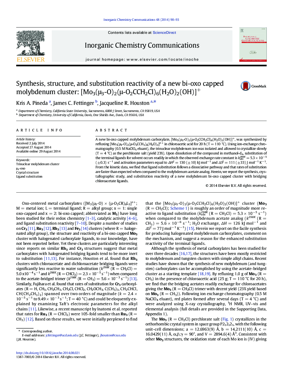 Synthesis, structure, and substitution reactivity of a new bi-oxo capped molybdenum cluster: [Mo3(μ3-O)2(μ-O2CCH2Cl)6(H2O)2(OH)]+